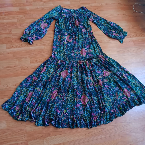 Karma Highway Blouson Sleeve Emerald Green Tasseled Gypsy Boho Tiered MaxiNWOT